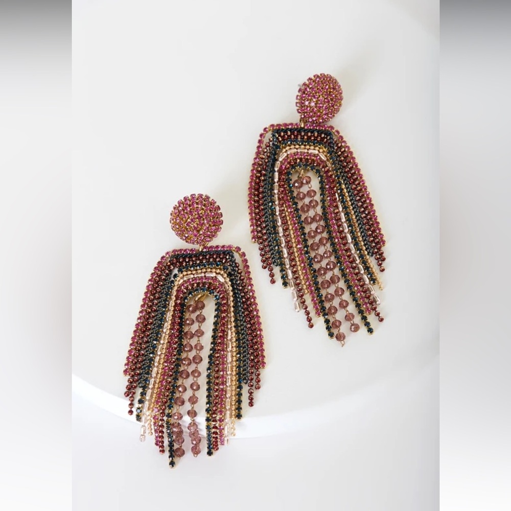 Catch Their Eye Purple Multi Rhinestone Fringe Earrings